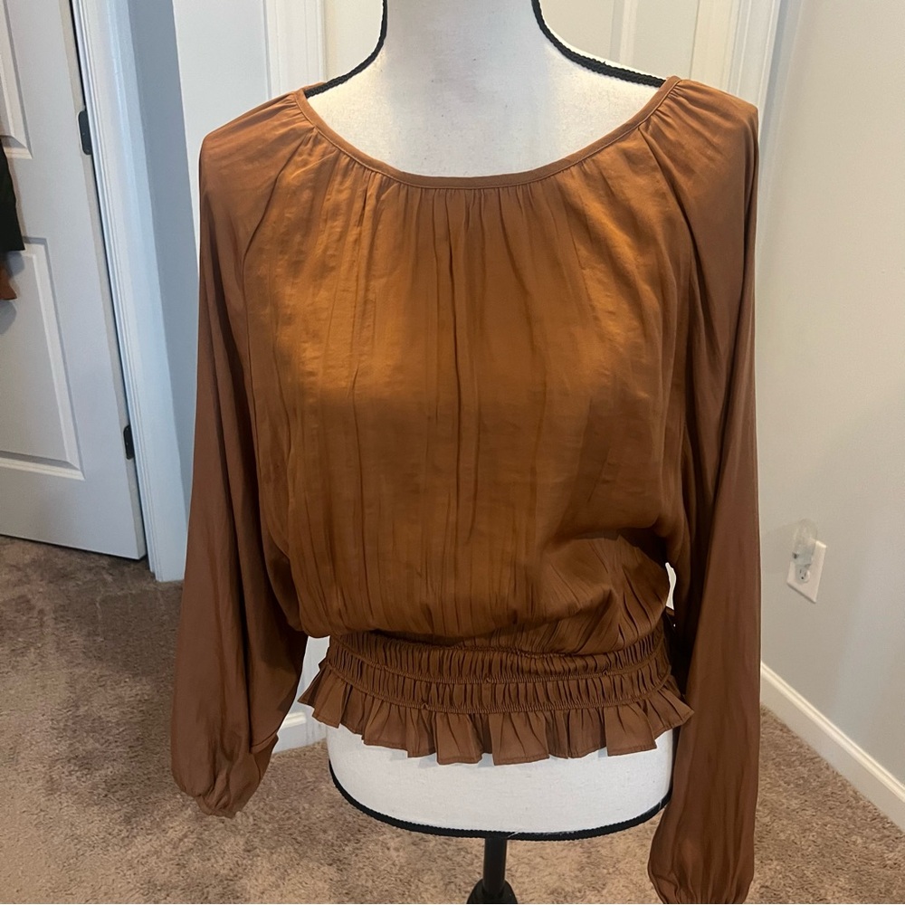 Brown Ruffled Blouse with Flutter Sleeves nwot.